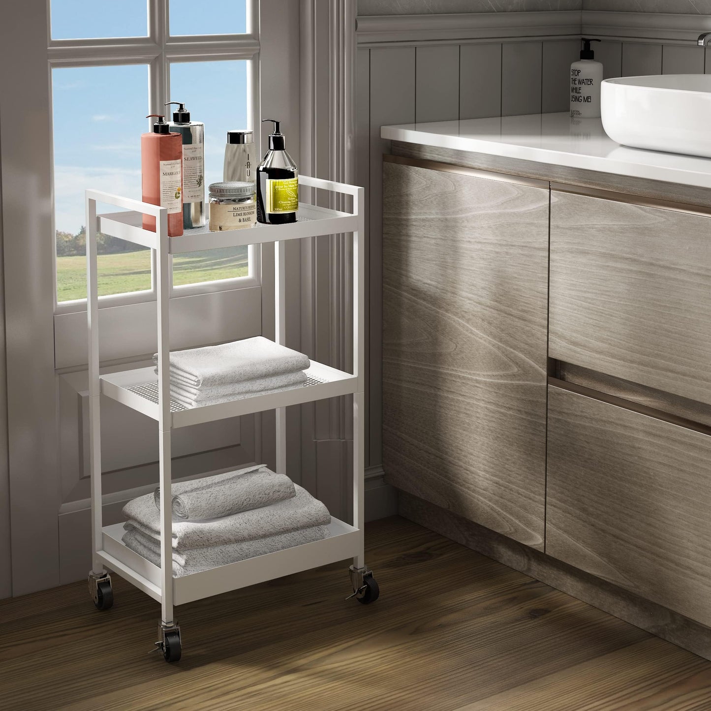 3-Tier Metal Utility Rolling Cart, Heavy Duty Multifunction Rectangular Cart with Lockable Casters