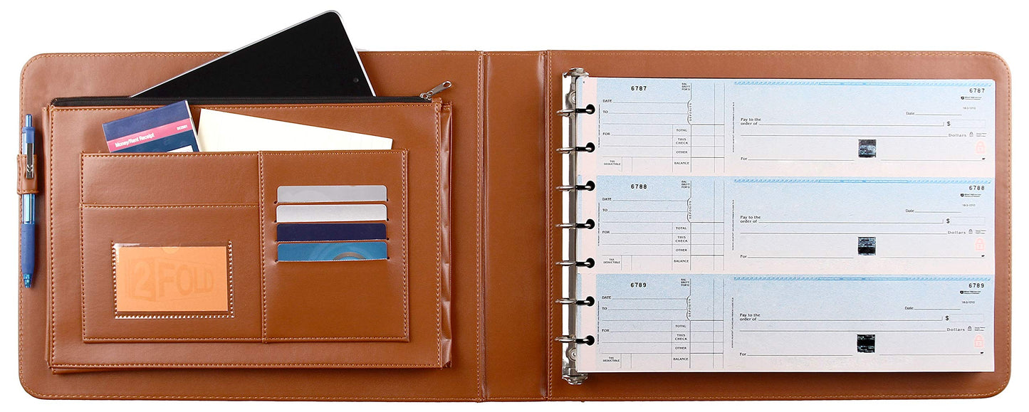 2Fold Business Check Binder 7 Ring for 3-Up Business Size Checks with Extra Business Card Case - PU