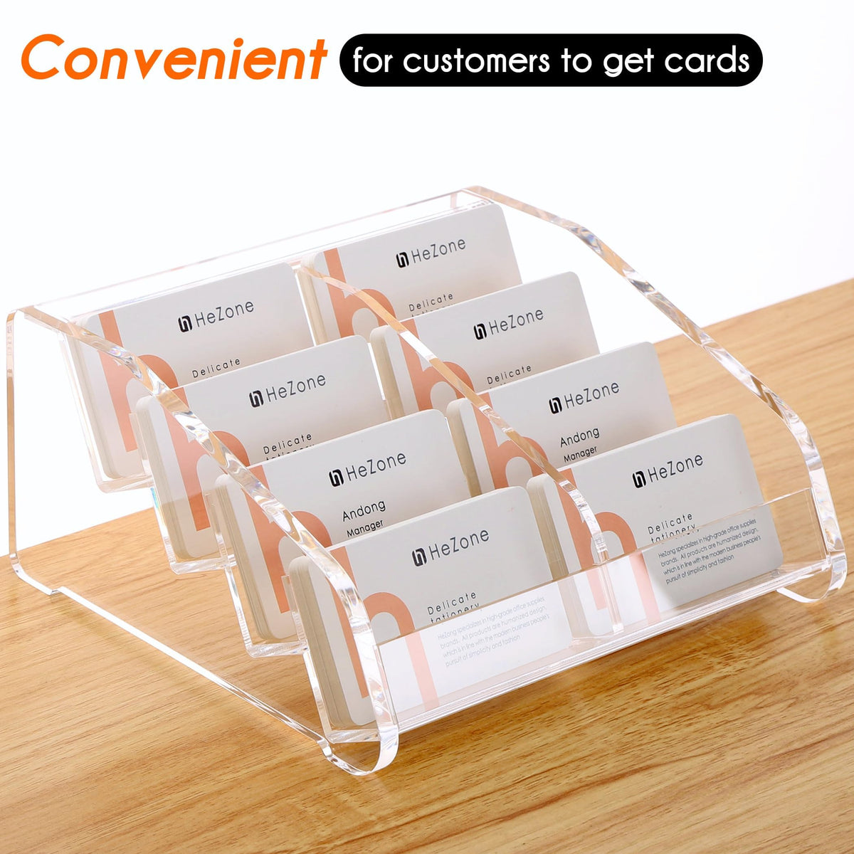 HeZone Business Card Holder for Desk Clear Acrylic Cards Stand Rack Multiple 8 slots 4 Tier