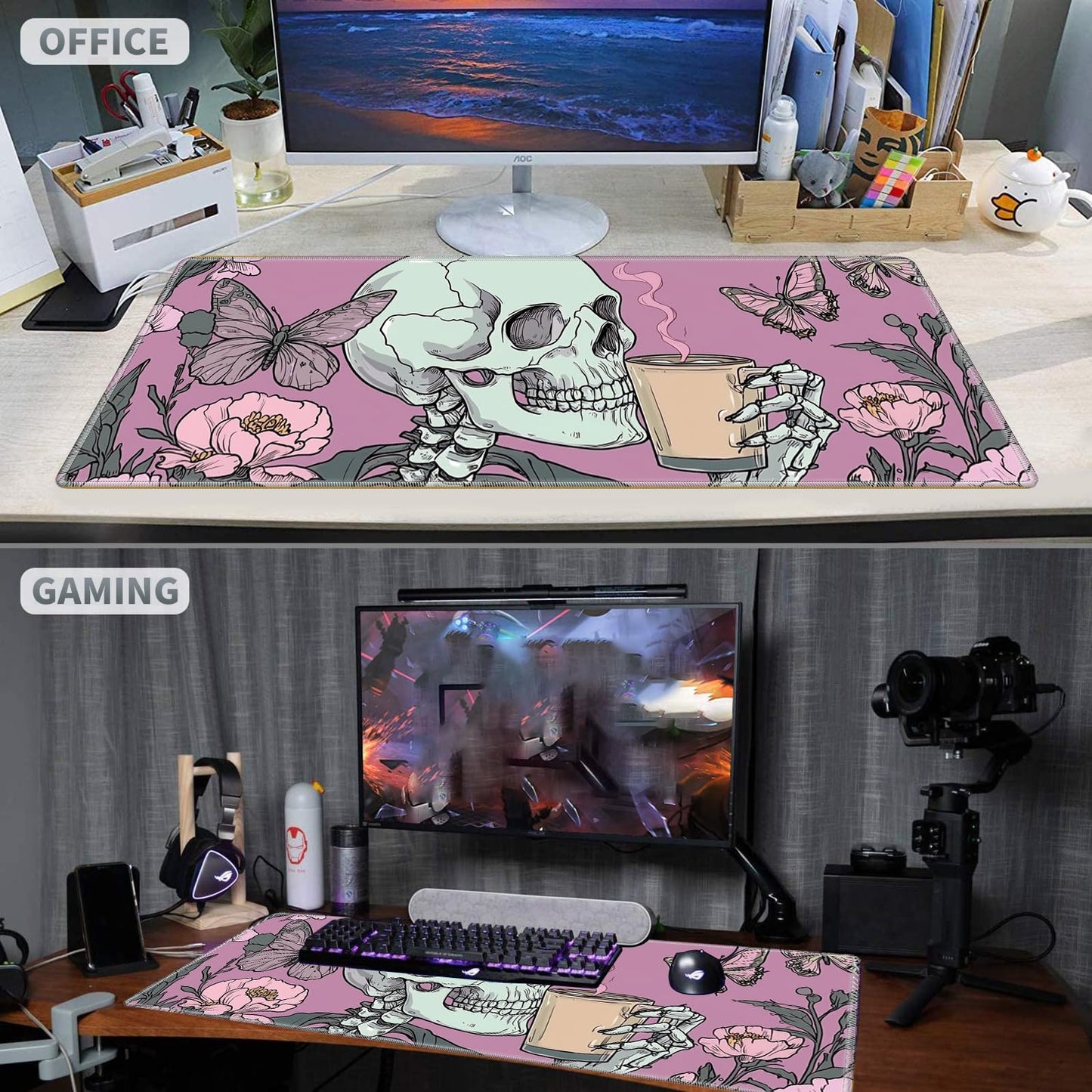 Large Gaming Mouse Pad Plus a Coasters + Cable Clips, Pink Skull Butterfly Extended Mousepad (31.5