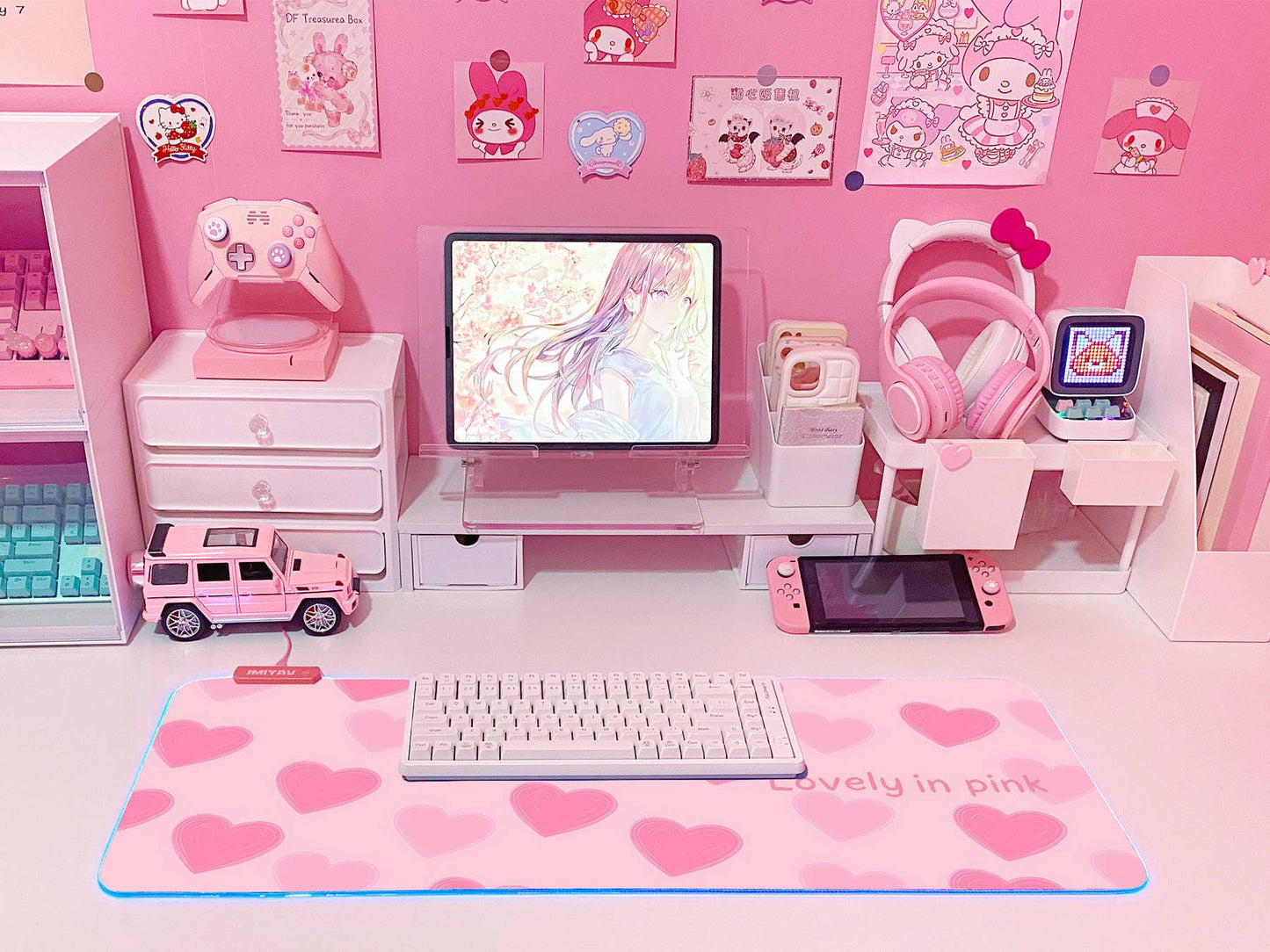 JMIYAV Pink Love Heart RGB Gaming Mouse Pad 31.5x12 Inch Cute Mousepad PC XL Large Extended Glowing