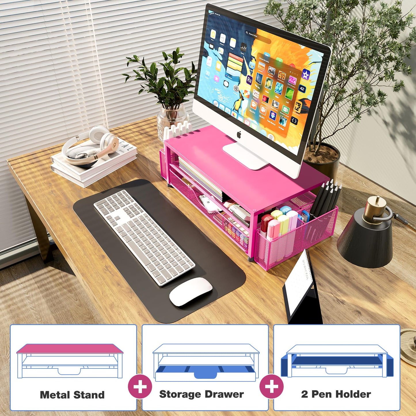 OPNICE Desk Organizers and Accessories, Computer Monitor Stand Riser with Drawer and 2 Pen Holders