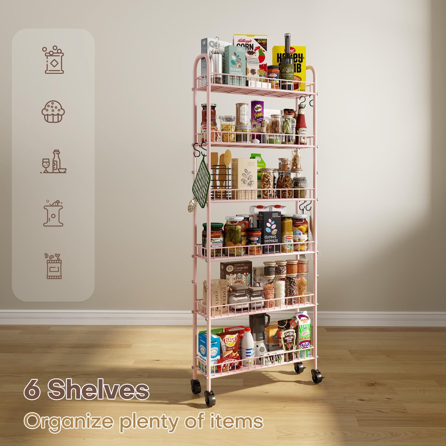 Qiaoxuan 6 Tier Slim Rolling Storage Cart with Wheels, Metal Mobile Shelving Unit Organizer Utility
