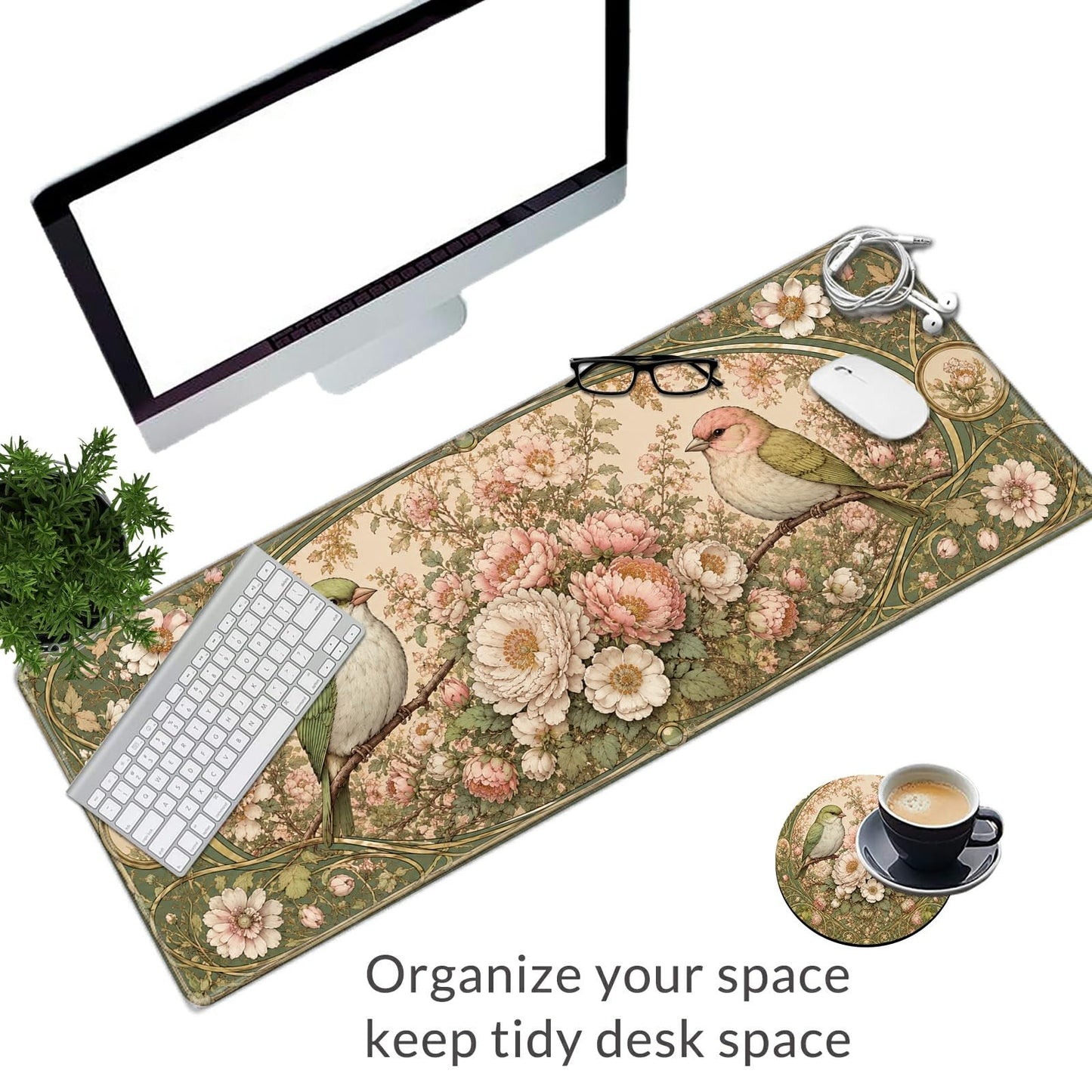 Vintage Floral Birds Large Mouse Pad, 31.5 x 11.8 in Extended Desk Mat