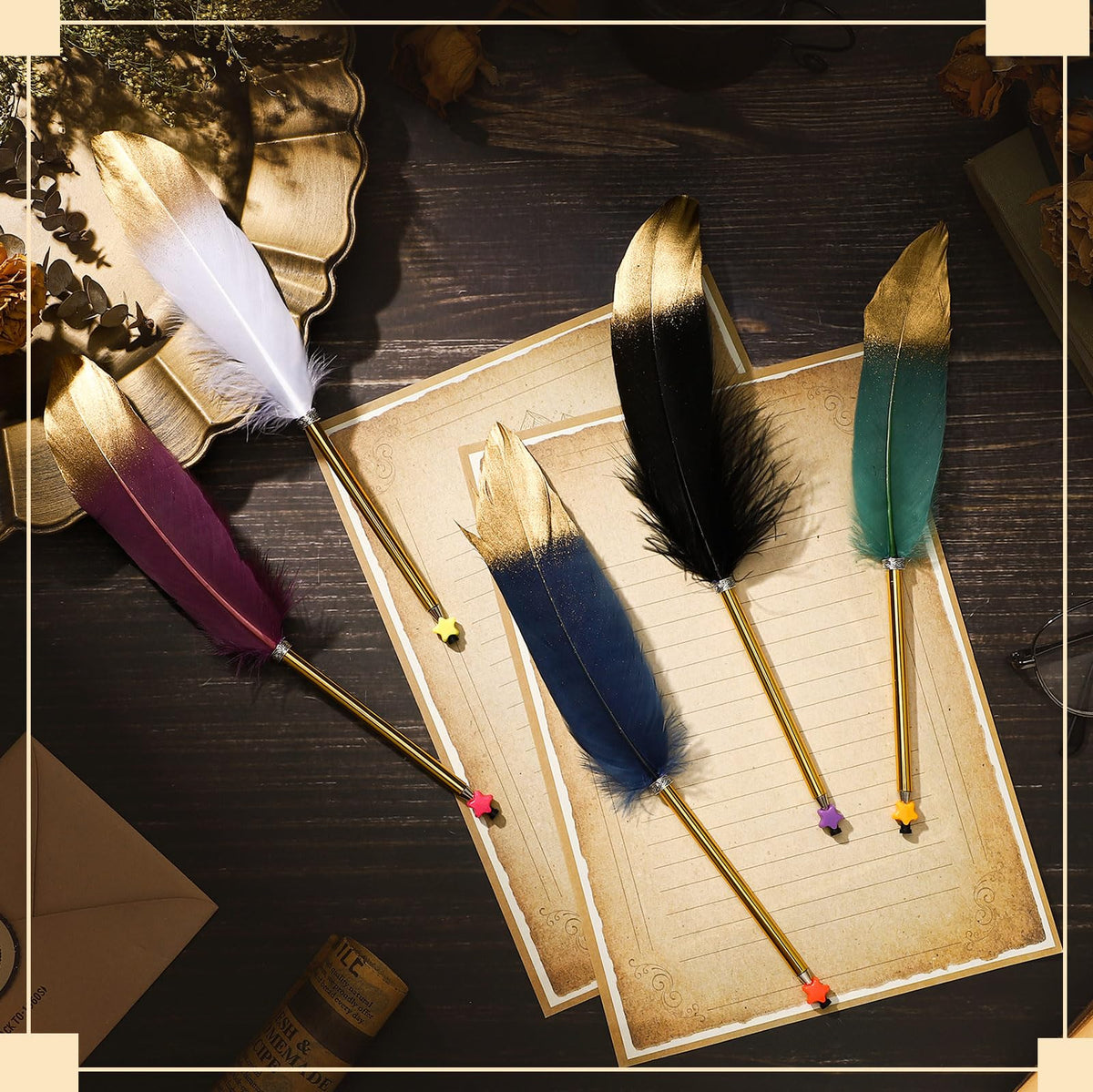 Censen 20Pcs Feather Quill Pen Black Ink Vintage Ballpoint Pen, Dark Color