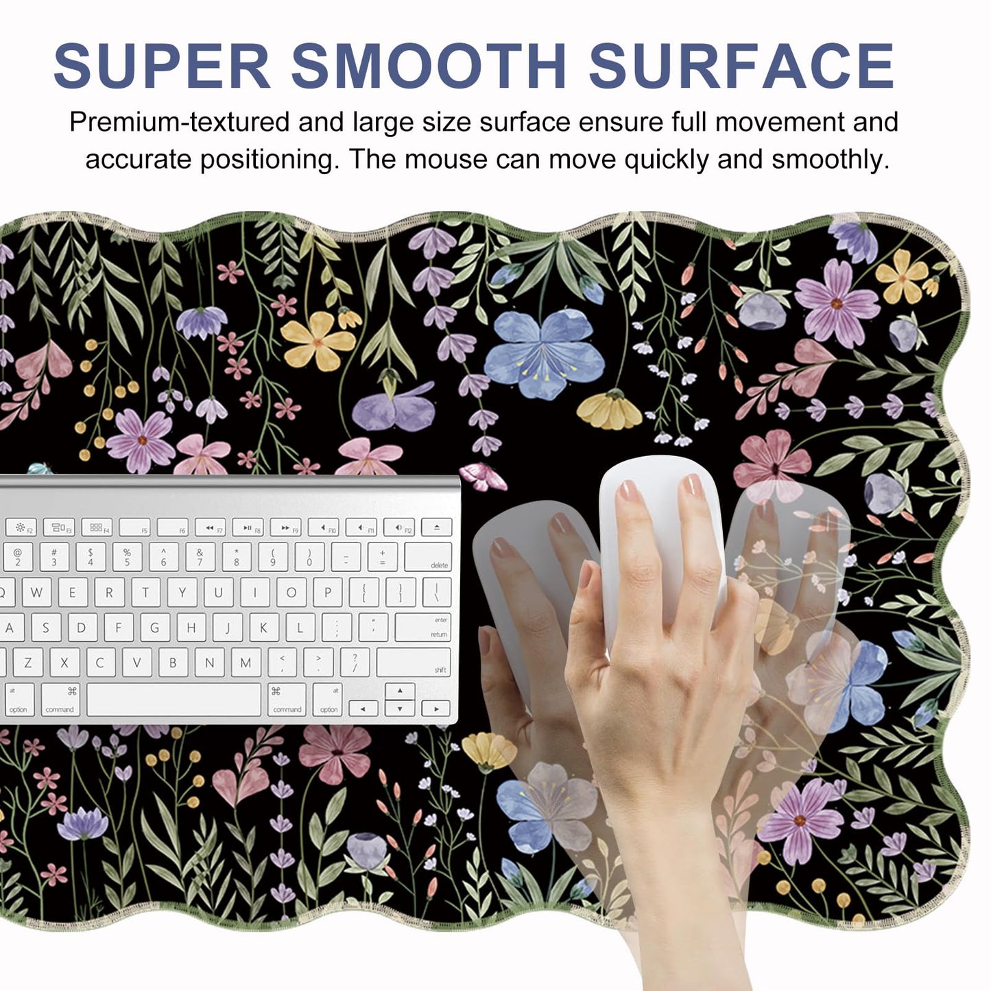 L-SPOUTTO Black Floral Mouse Pad,Scalloped Desk Mat XXL Gaming Mousepad