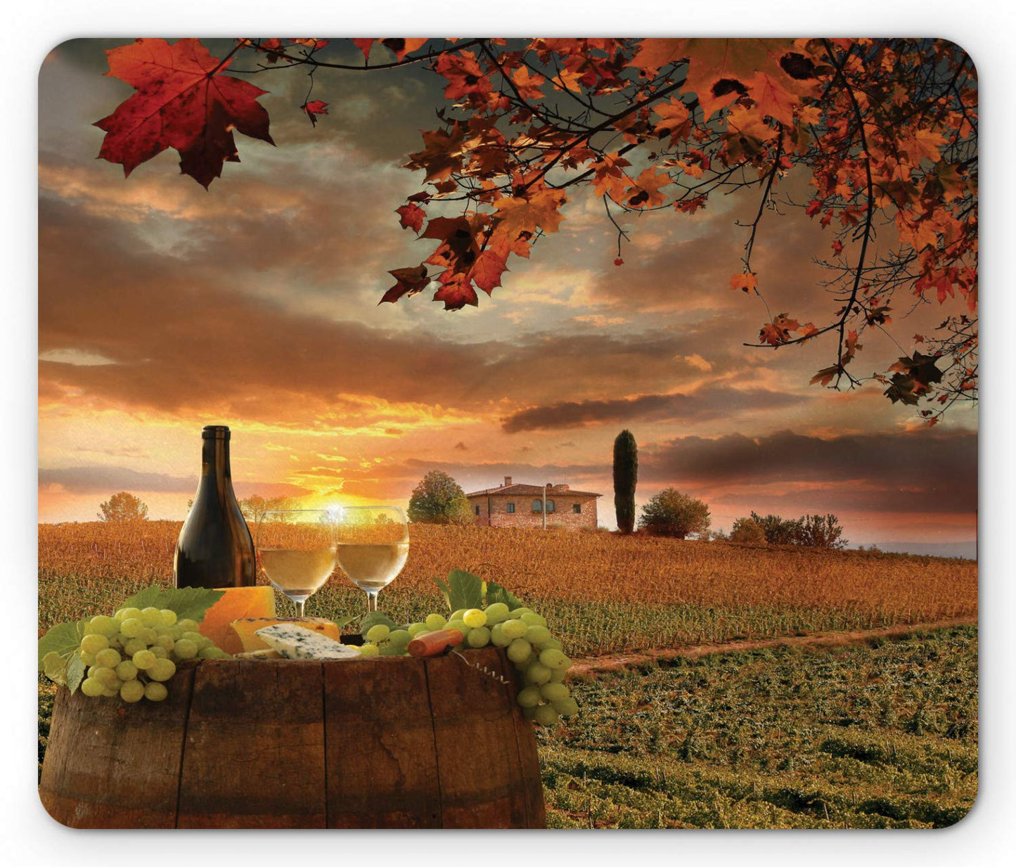 Lunarable Winery Mouse Pad, White Wine Cask on Vineyard at Sunset in Chianti Tuscany Italy