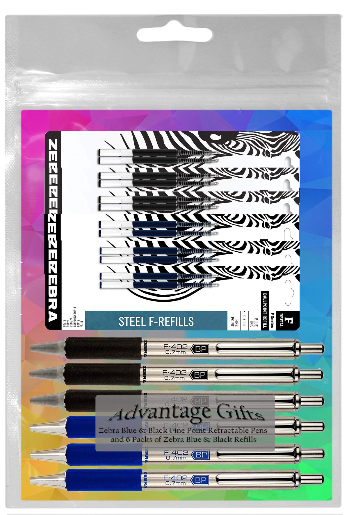 Zebra F-402 Ballpoint Stainless Steel Retractable Pens With Refills, Fine Point, 0.7mm, Black/Blue