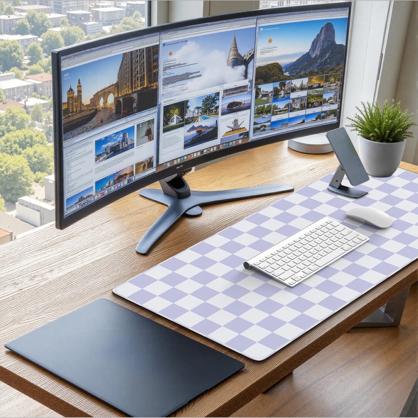 iCasso Desk Pad Mat, Cute Desk Matt for Desktop, Purple Checkered