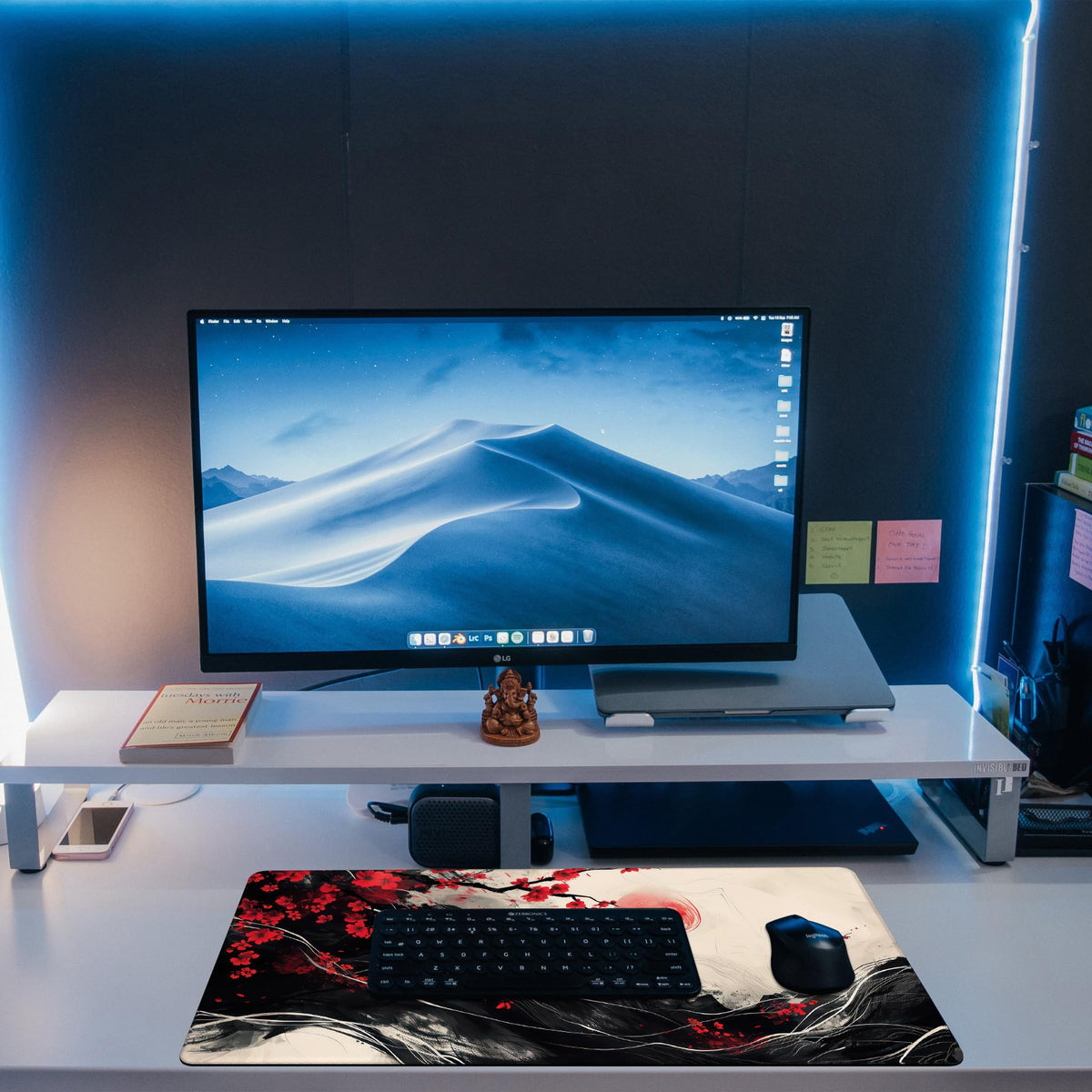 KOAIWPAE Desk Pad, Black Red Ink Painting Desk Mat, Cherry Blossom Trees Sun Waves Large Gaming