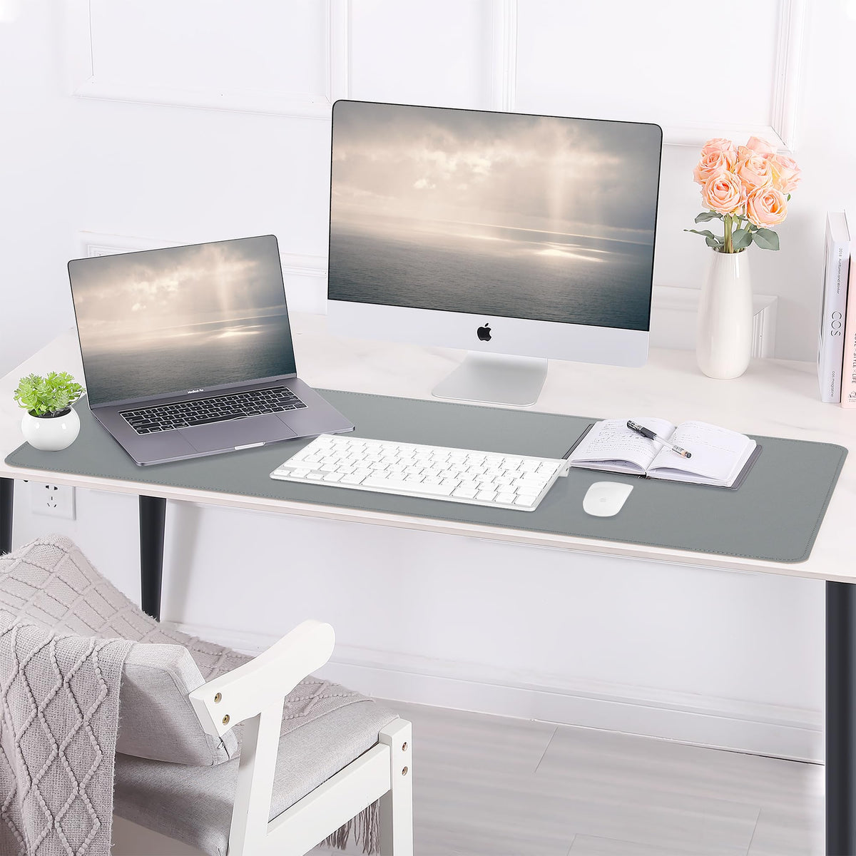 AFIING Leather Desk Pad Protector, 47" x 17" Large Desk Mat with Natural Cork & PU Leather, Mouse