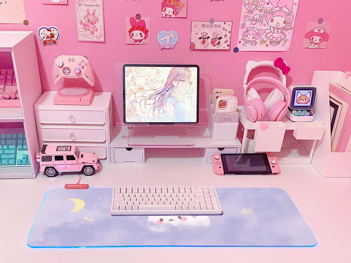 JMIYAV Pink RGB Gaming Mouse Pad Kawaii Mouse Mat 31.5x12 Inch PC XL Large Extended Glowing Led