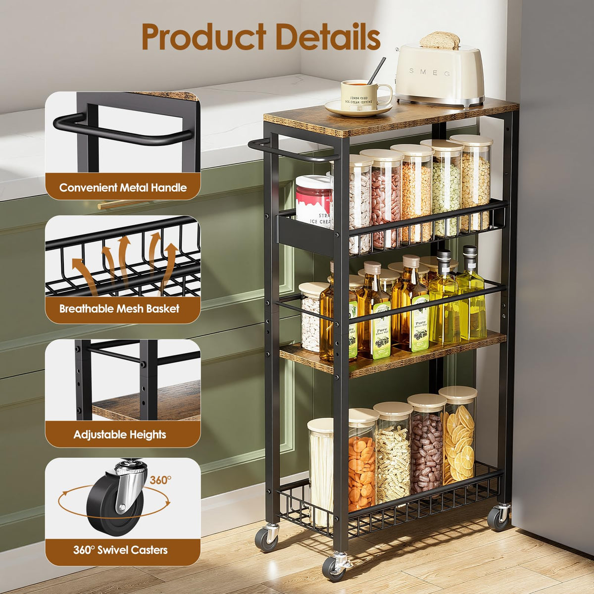 Kssiaz Slim Rolling Storage Cart, 4 Tier Narrow Storage Cart, 9.1in(W)