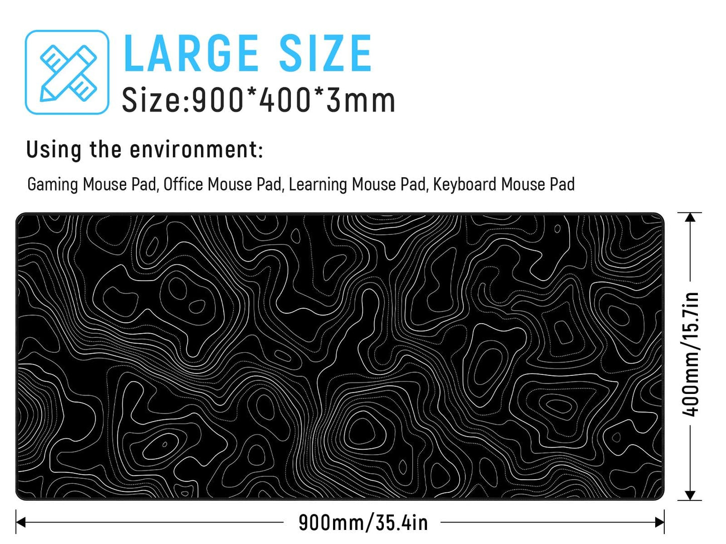 JIALONG Black Topographic Large Gaming Mouse Pad, XXL Mousepad, Big Mouse Mat Desk Pad for Keyboard