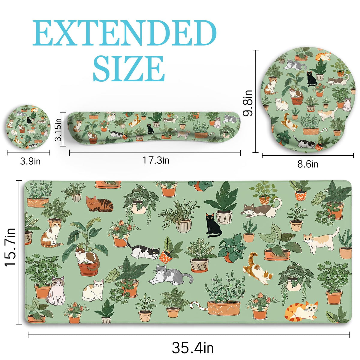 LIMKRIAN Cat Ergonomic Mouse Pad XXL Desk Mat Set, Green Desk Accessories