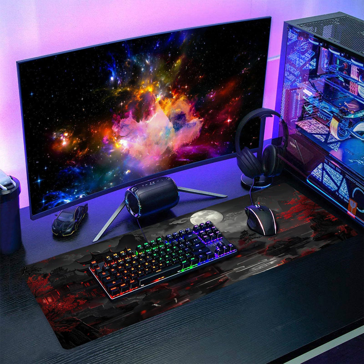 Full Moon Night Gaming Mouse Pad XLBlack Red Mountain Japanese Extended Large Mat Mousepad Desk Pad