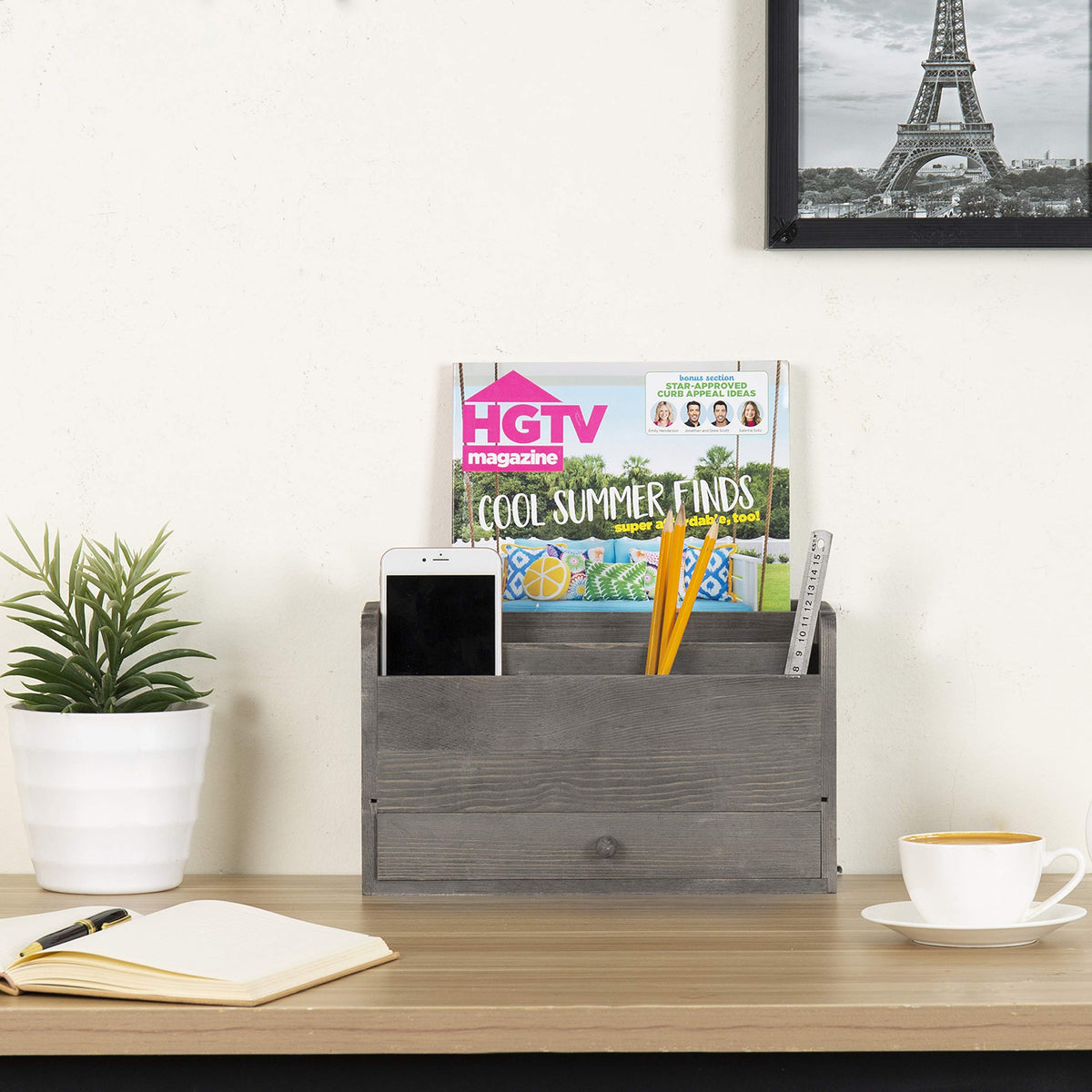 MyGift Rustic Gray Solid Wood Office Desk Supplies and Stationery Organizer, 5 Slot Wooden Desktop