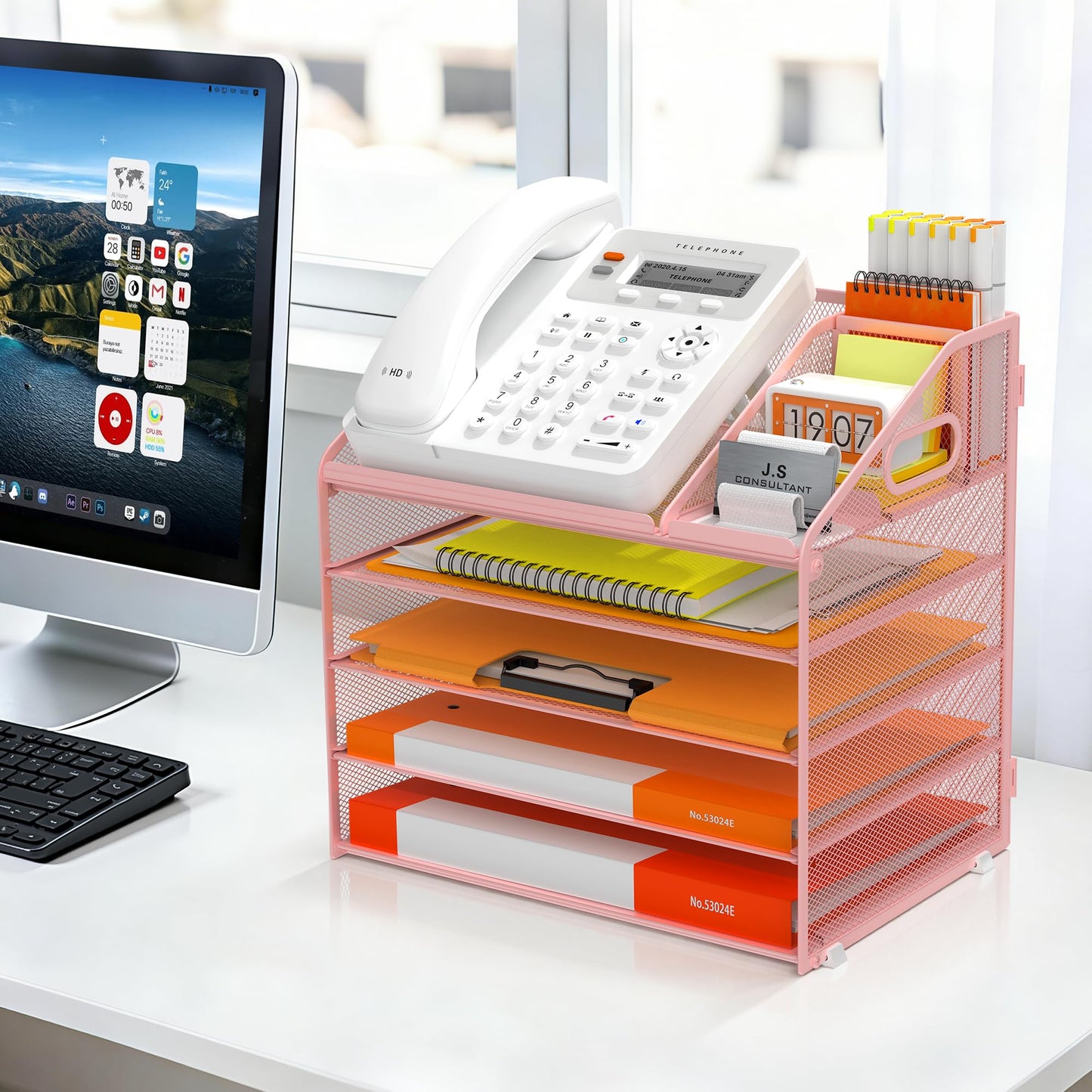 DocNest 5 Tier Metal Mesh Desk File Organizer with Phone Shelf, Pink