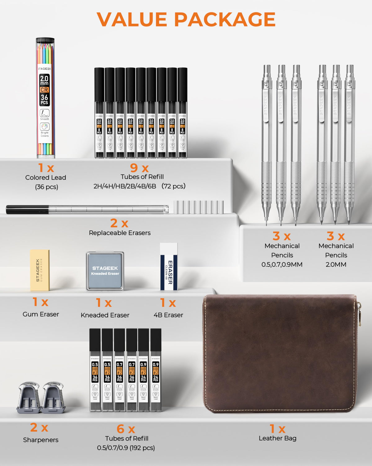 STAGEEK 30Pcs Silver Metal Mechanical Pencil Set with Leather Case