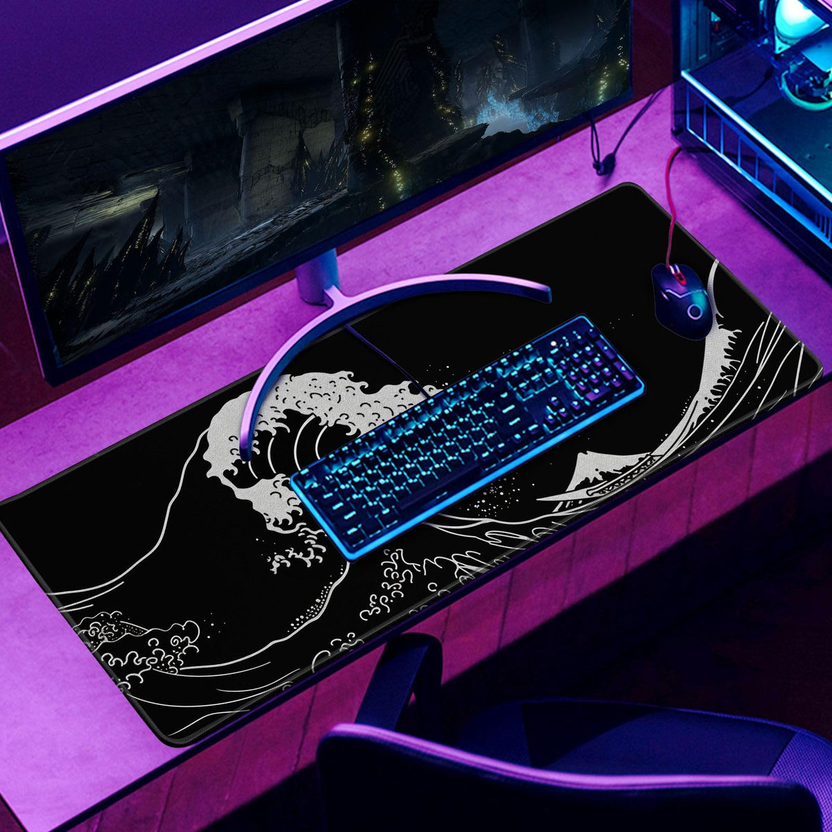 Japanese Sea Wave Gaming Mouse Pad Kanagawa Black Desk Mat Kawaii Mousepad Mouse Pad, Extra Large