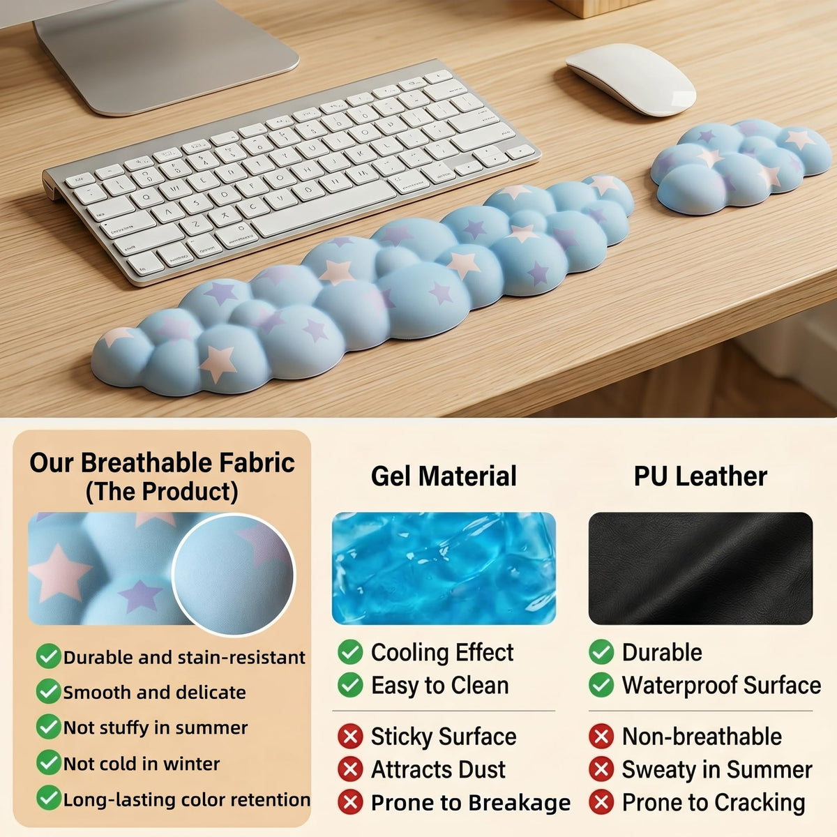 LJYZMD Cloud Wrist Rest Set for Keyboard & Mouse, 16.9", Blue Colorful Star