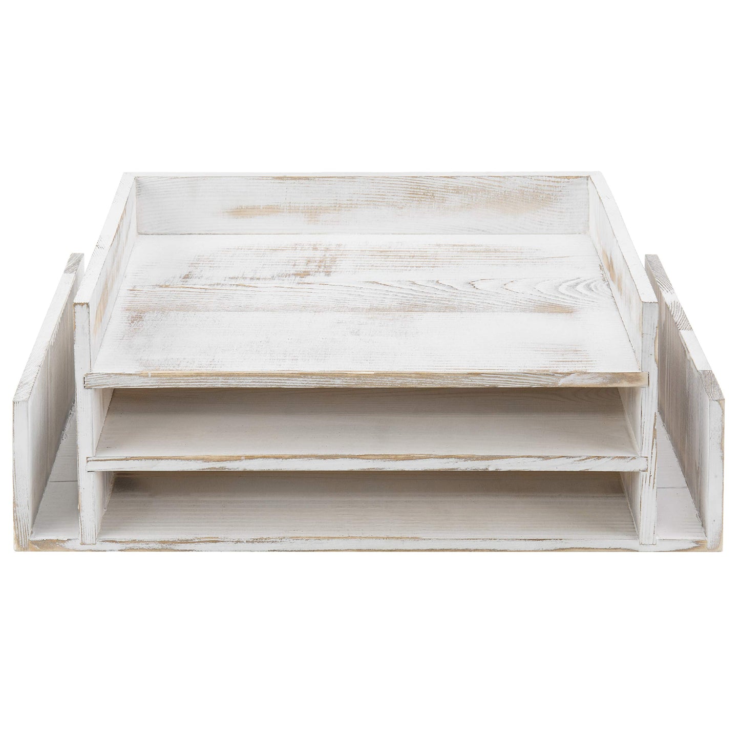 MyGift 3-Tier Desk Organizer & File Tray, Wood Letter Holder for Office, Farmhouse White Wood