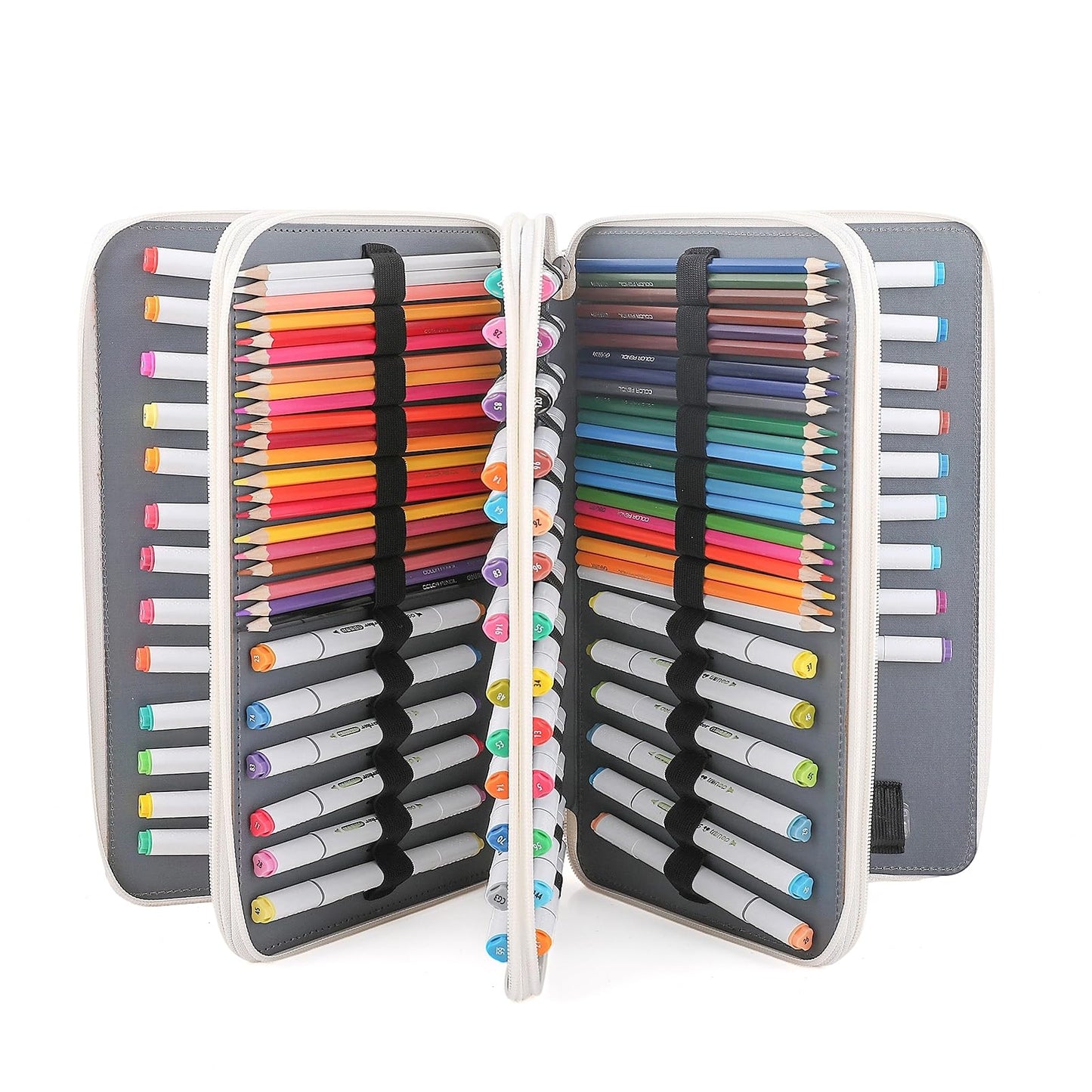 Vomgomfom 300 Slots Marker Case 4-Layer PU Leather, Handle, White