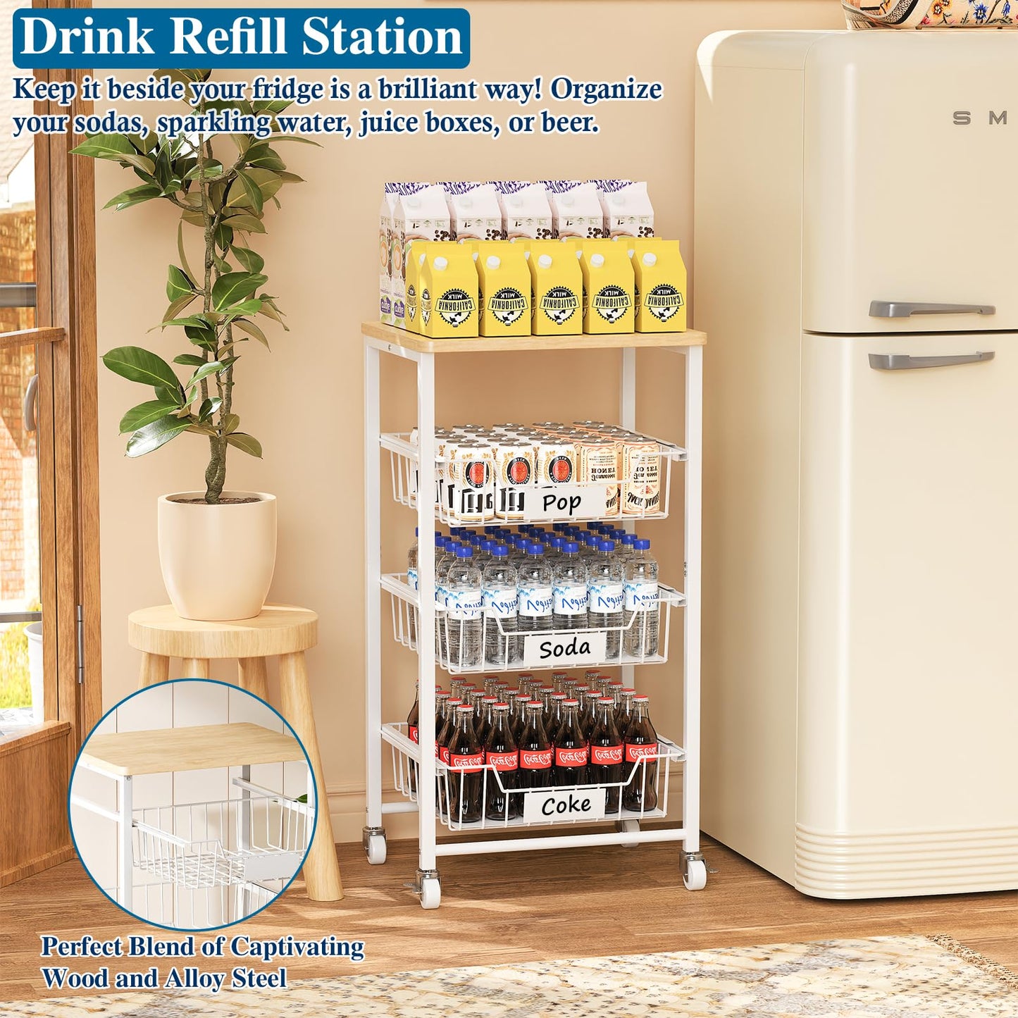 OKZEST 4-Tier Kitchen Storage Cart with 3 Upgraded Drawer Basket & Wood Top