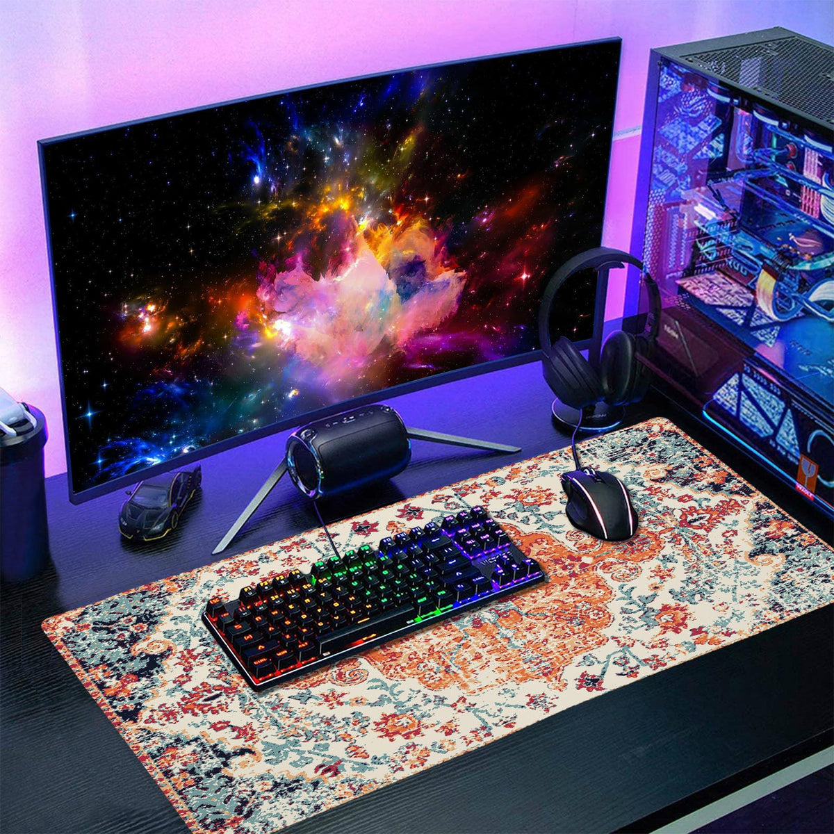 Orange Teal Boho Gaming Mouse Pad Extended 20x14 Inch Rug Carpet Bohemian Retro Large Desk Mat Big