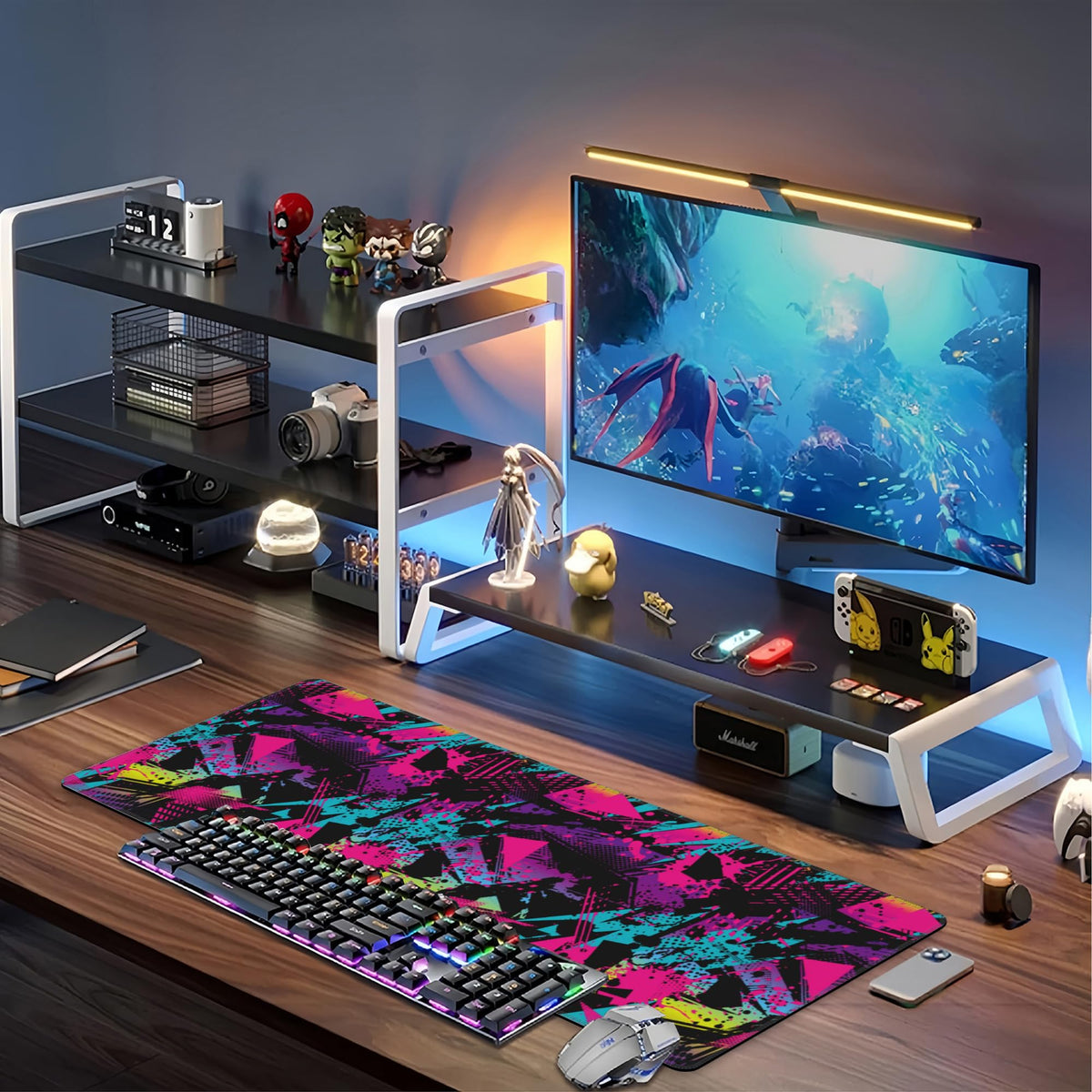 Abstract Grunge Elements Desk Mat,Large Neon Color Patterns Gaming Keyboard Mouse Pad,Non-Slip