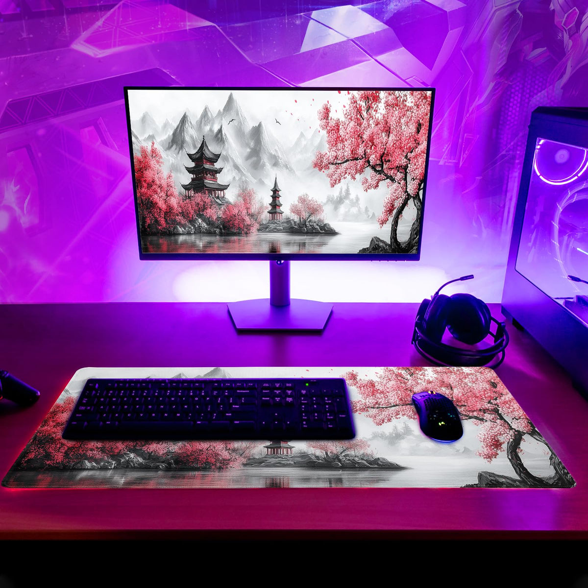 Retro Cherry Blossoms Mouse Pad 31.5x11.8 Inch White Full Desk Japanese Mousepad Extended Large