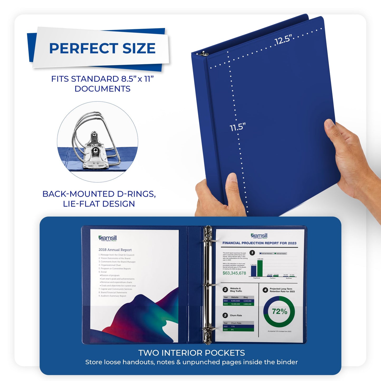 Samsill Durable 1 inch 3 Ring Binder, D Ring Binder, 100% Recycled Chipboard, Blue, 12 Pack