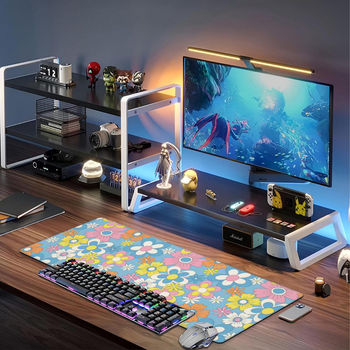 Colorful Retro Flowers Desk Mat,Large Cute Floral Gaming Keyboard Mouse Pad,Non-Slip Rubber Base