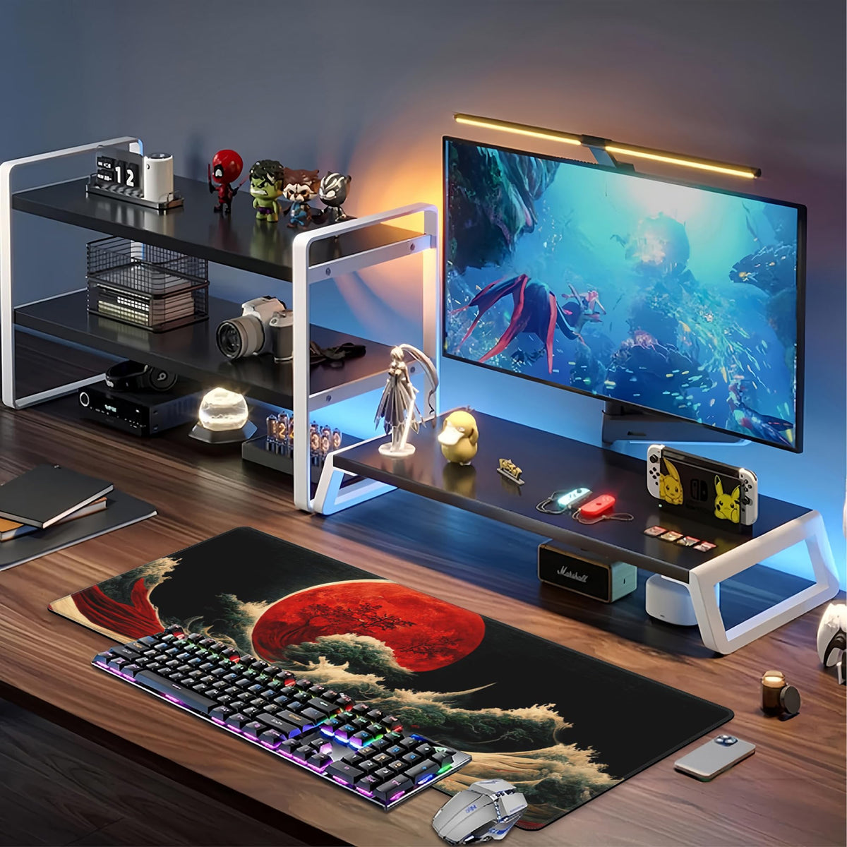 Red Moon Above The Sea Desk Mat,Large Chinese Style Landscape Gaming Keyboard Mouse Pad,Non-Slip