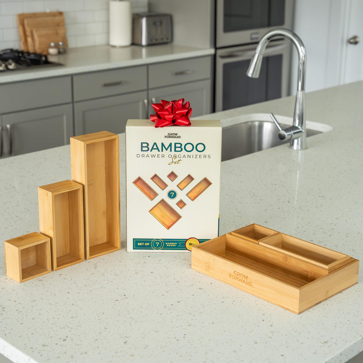 Grow Forward Bamboo Drawer Organizer Boxes - Set of 7 Wooden Drawer Organizers for Kitchen