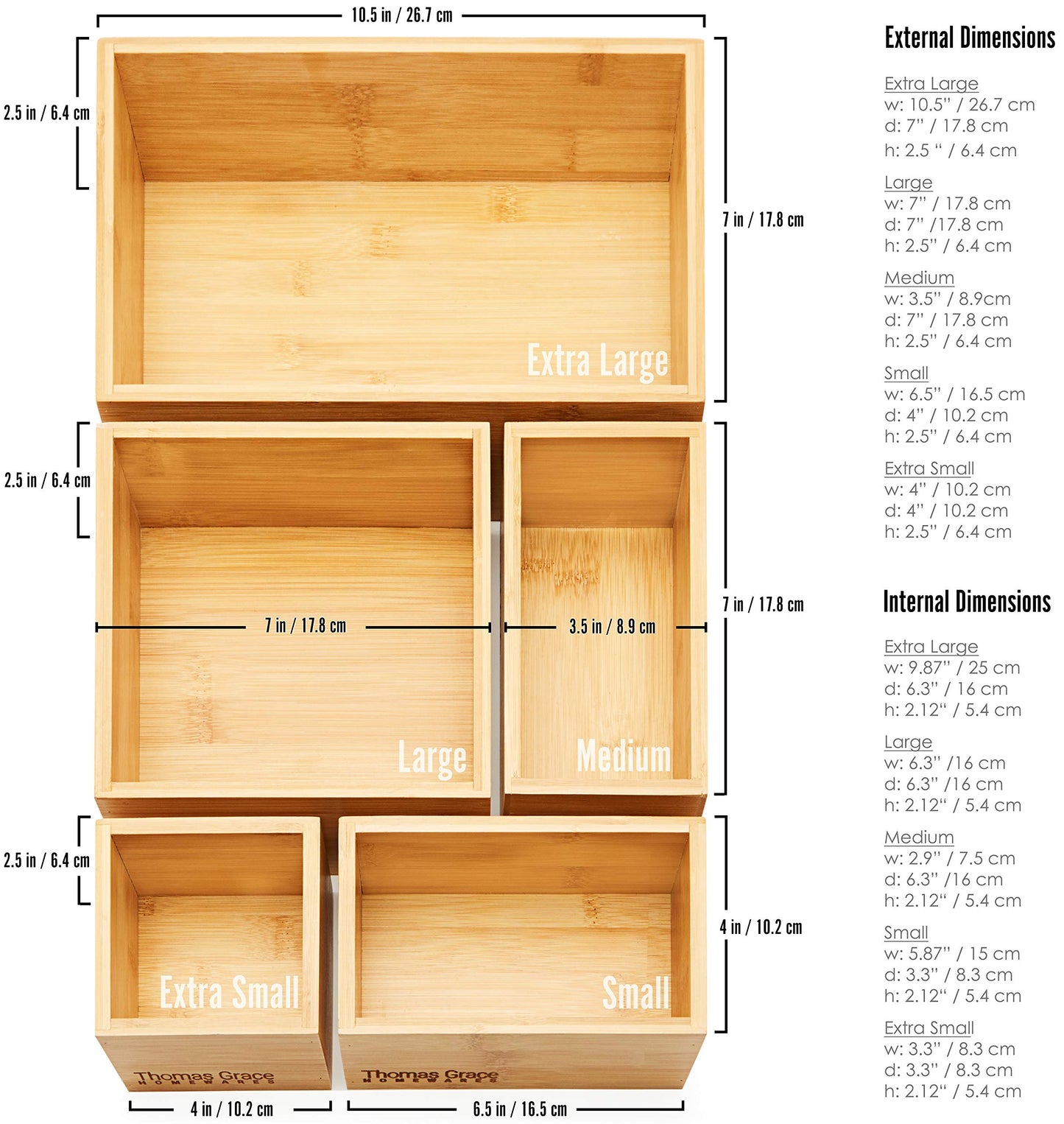 Bamboo Drawer Organizer and Storage Set, Multi-use Set of 5 Storage Trays, Wood Boxes of various
