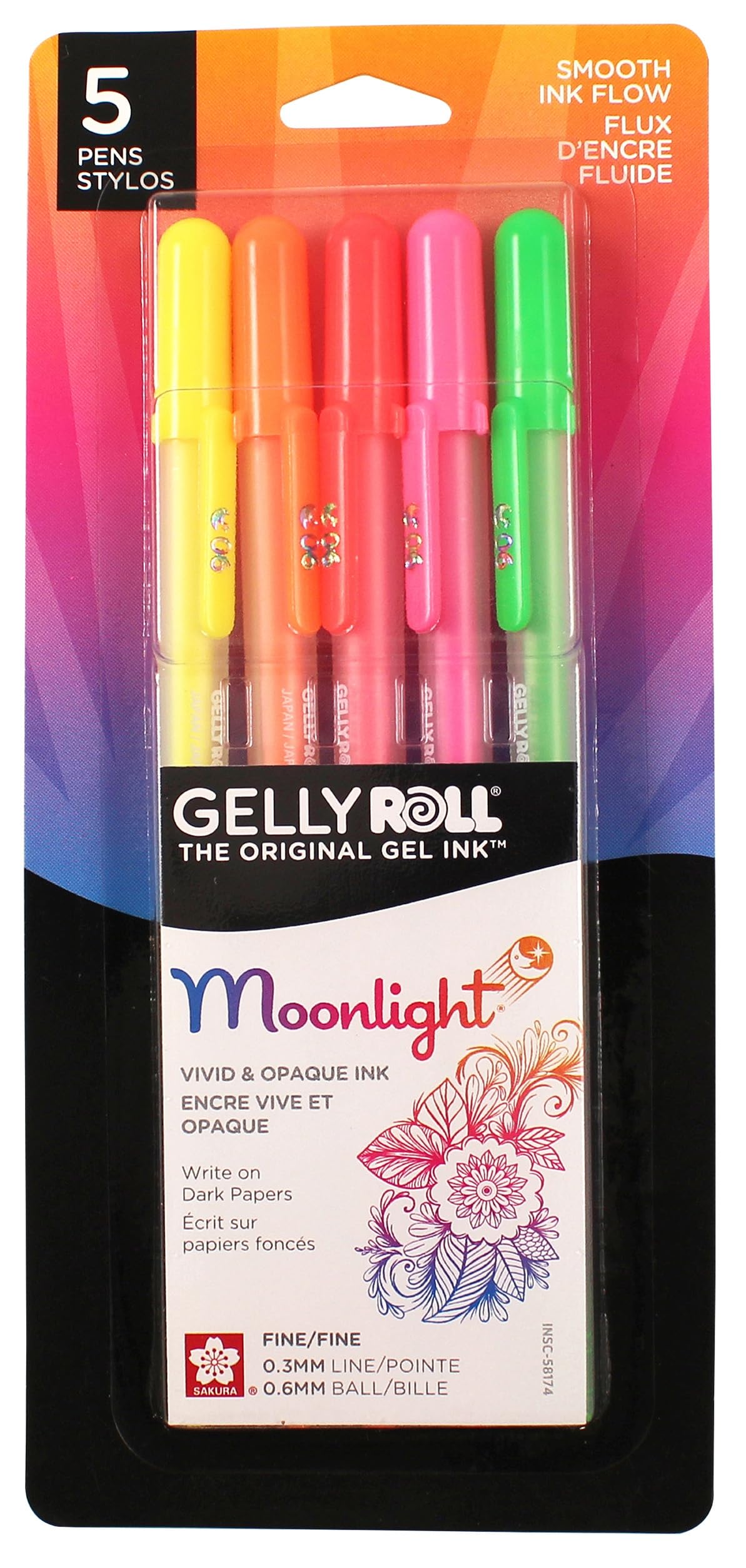 SAKURA 58174 5-Piece Gelly Roll Blister Card Moonlight 06 Fine Point Gel Ink Pen Set, Assorted Dawn
