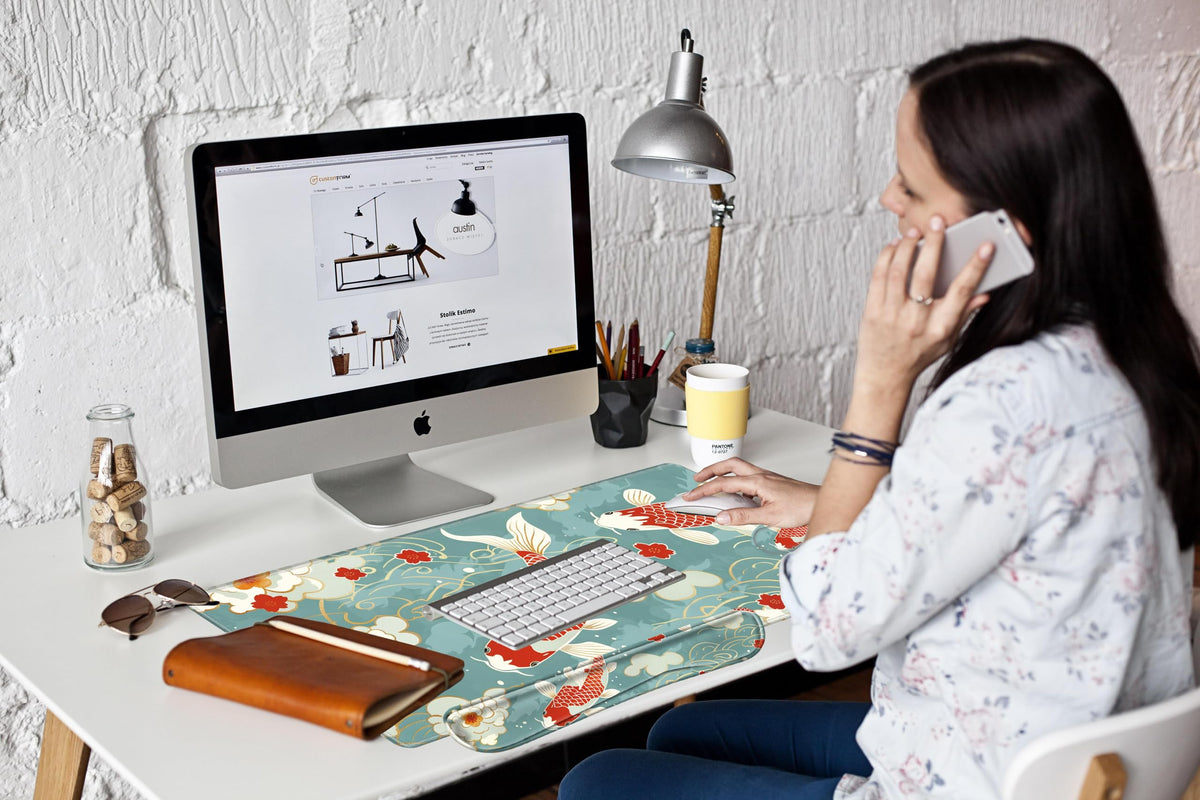 Koi Fish Desk Mat Set Carp Mousepad Gaming Mouse Pad and Keyborad Wrist Rest XXL Desk Pad 31.5" x