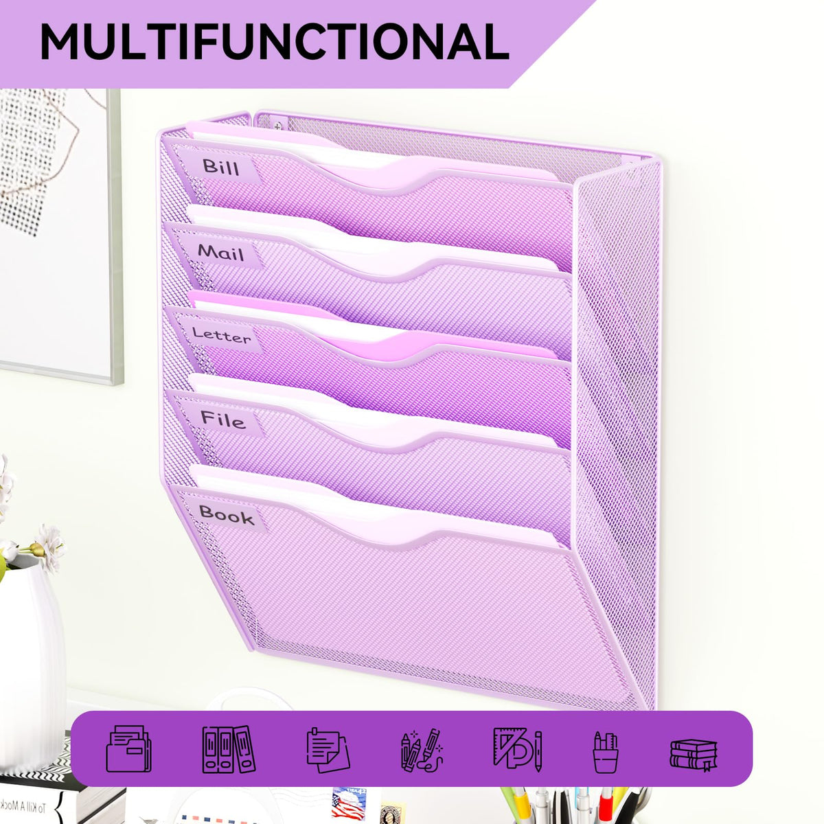 GDINDINFAN 5 Pockets Hanging Wall File Organizer Mail Holder, Wall Mounted Paper Document Folder
