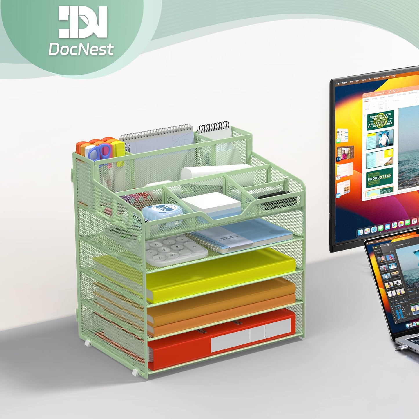 Docnest 5 Tier Mesh Desk Organizer with Letter Tray & Paper Sorter, Green