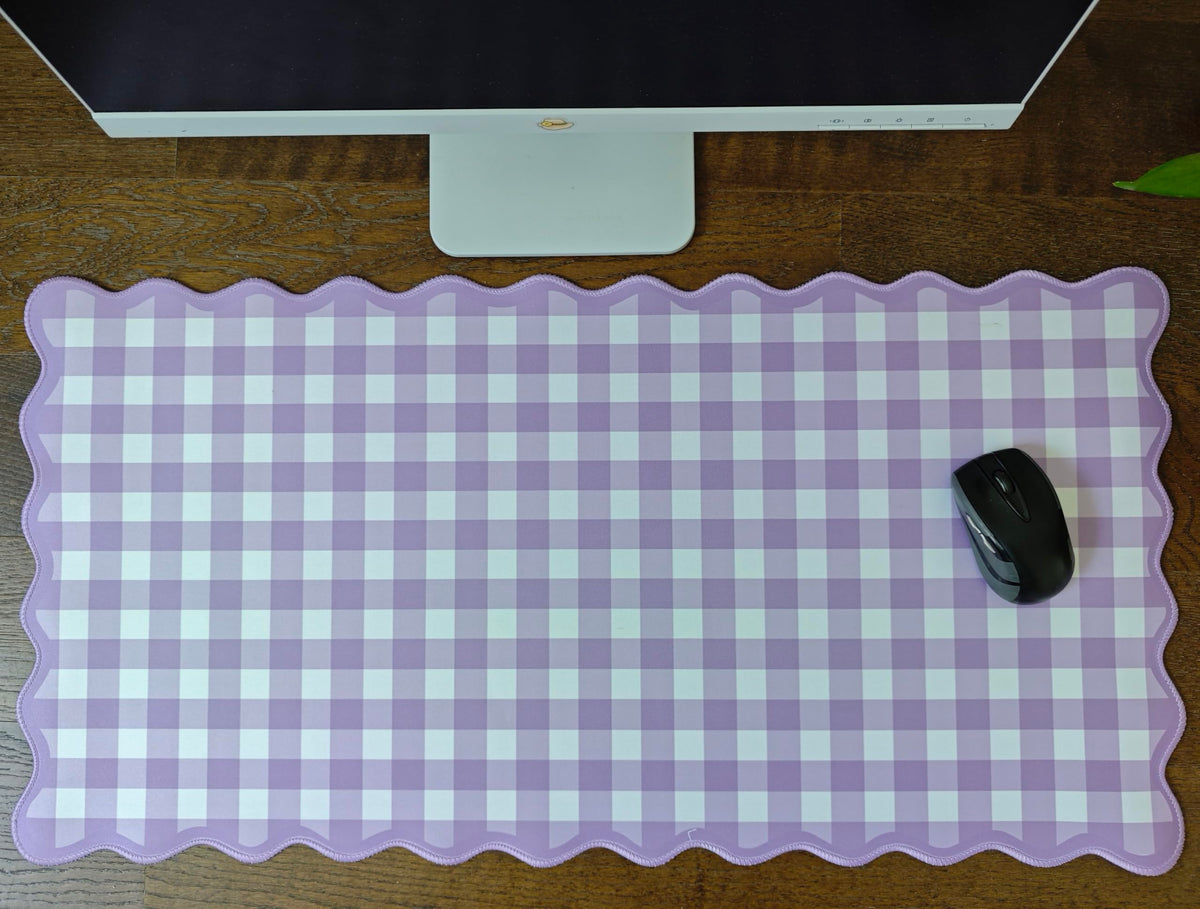Scalloped Purple Checkered Gingham Desk Mat Cute Pastel Large Mouse Pad Kawaii Cottagecore