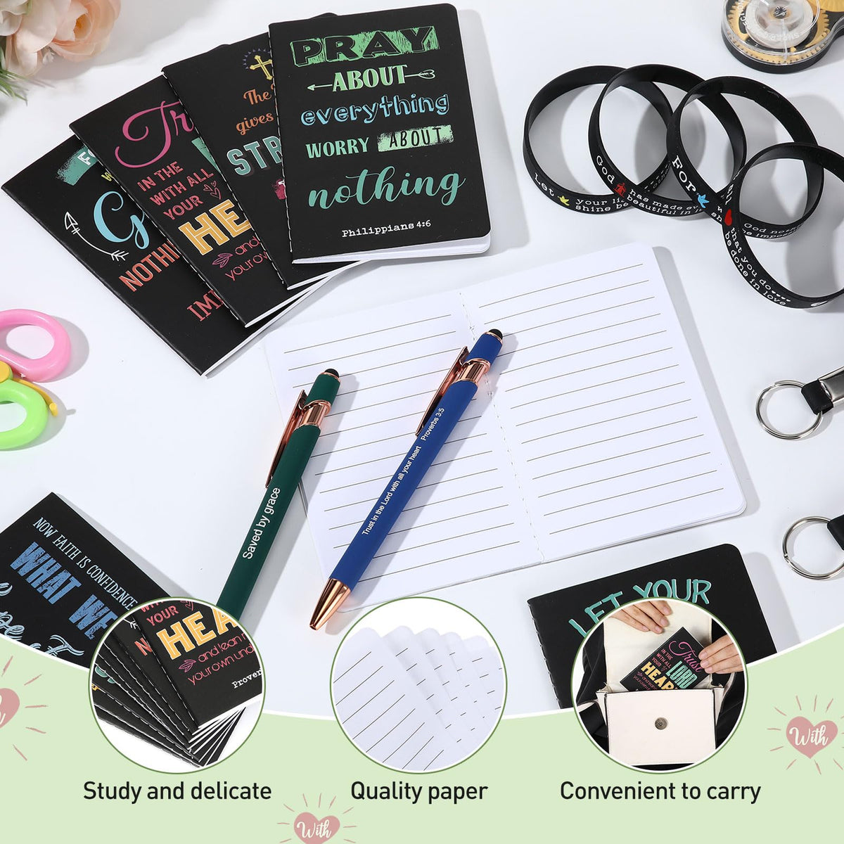 PerKoop 64 Pcs Inspirational Gift Bulk Notebooks Ballpoint Pen, Dark