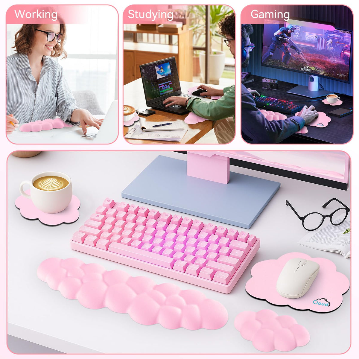 Sushret Cloud Wrist Rest for Computer Keyboard and Mouse Pad Set, Pink