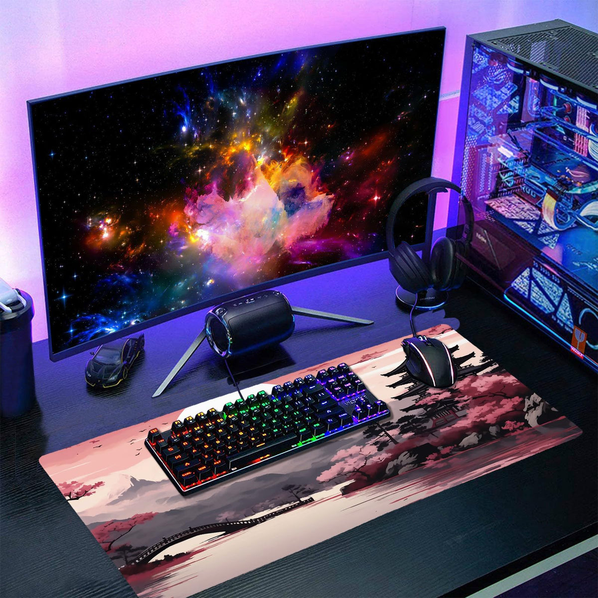 Pink Japanese Sakura Gaming Mouse Pad Large XL Cherry Blossom Tower Mountain Landscape Extended