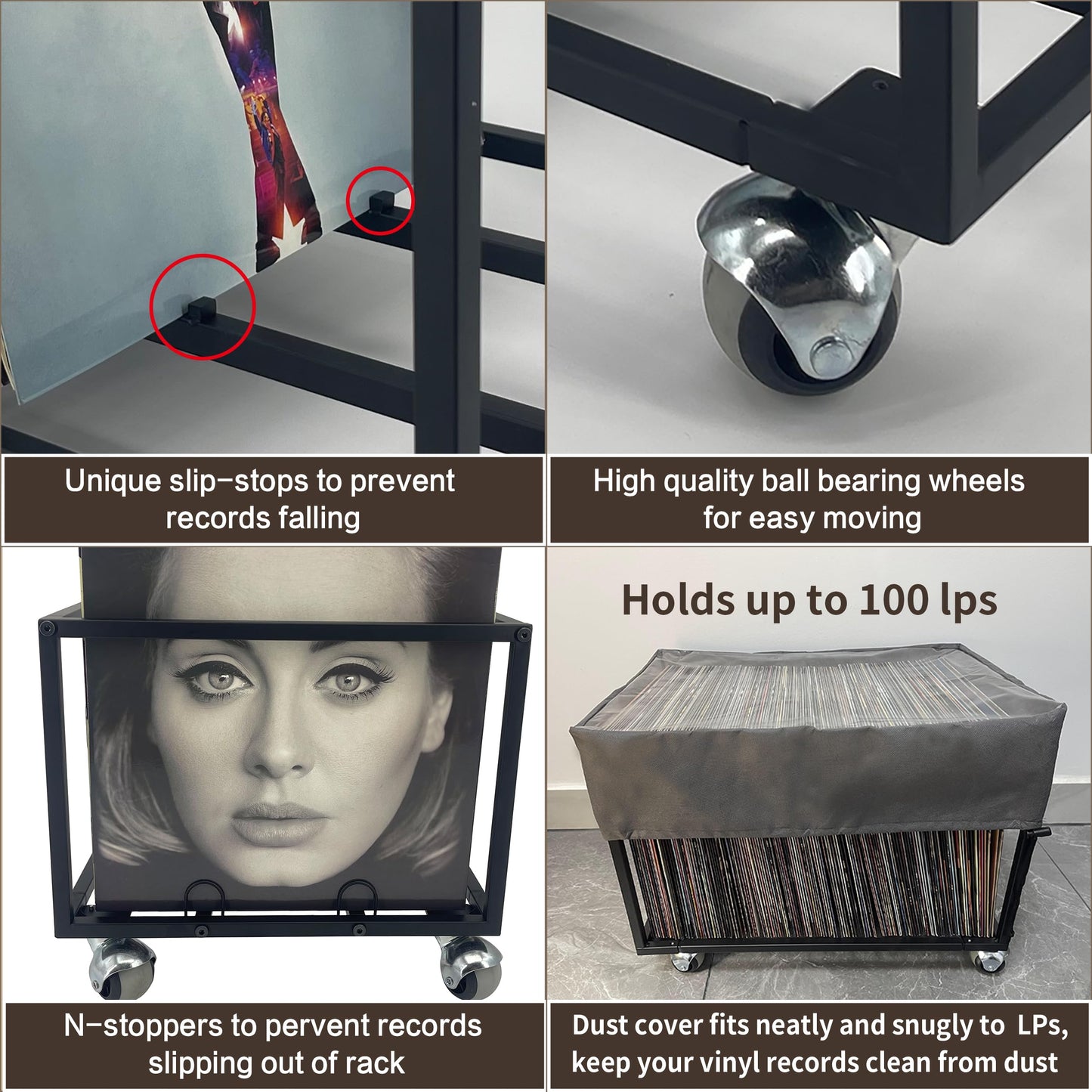 OrigoDeco Vinyl Record Storage Holder on Wheels - With Dust Cover - Holds up to 100 LP - Album