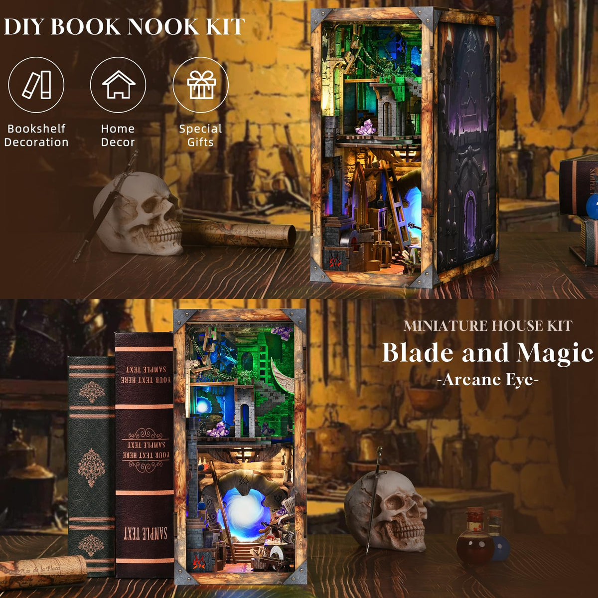 MiniCity Blade and Magic Book Nook Kit, DIY Wooden Miniature Scene with LED