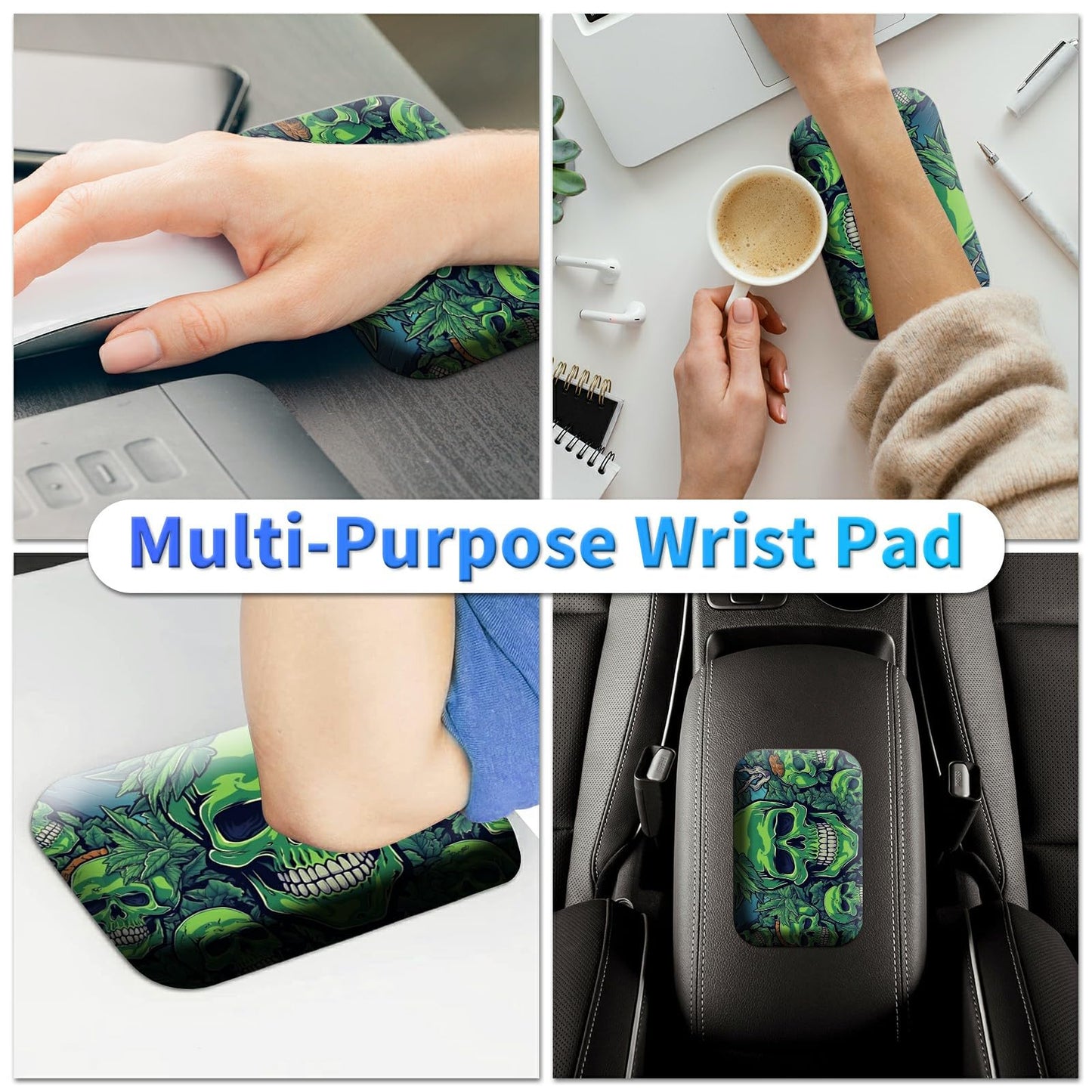 BPQOJB Laptop Mouse Pad 27.5 x 11.8 inch & Small Wrist Rests with Coasters and Green Forest Skull