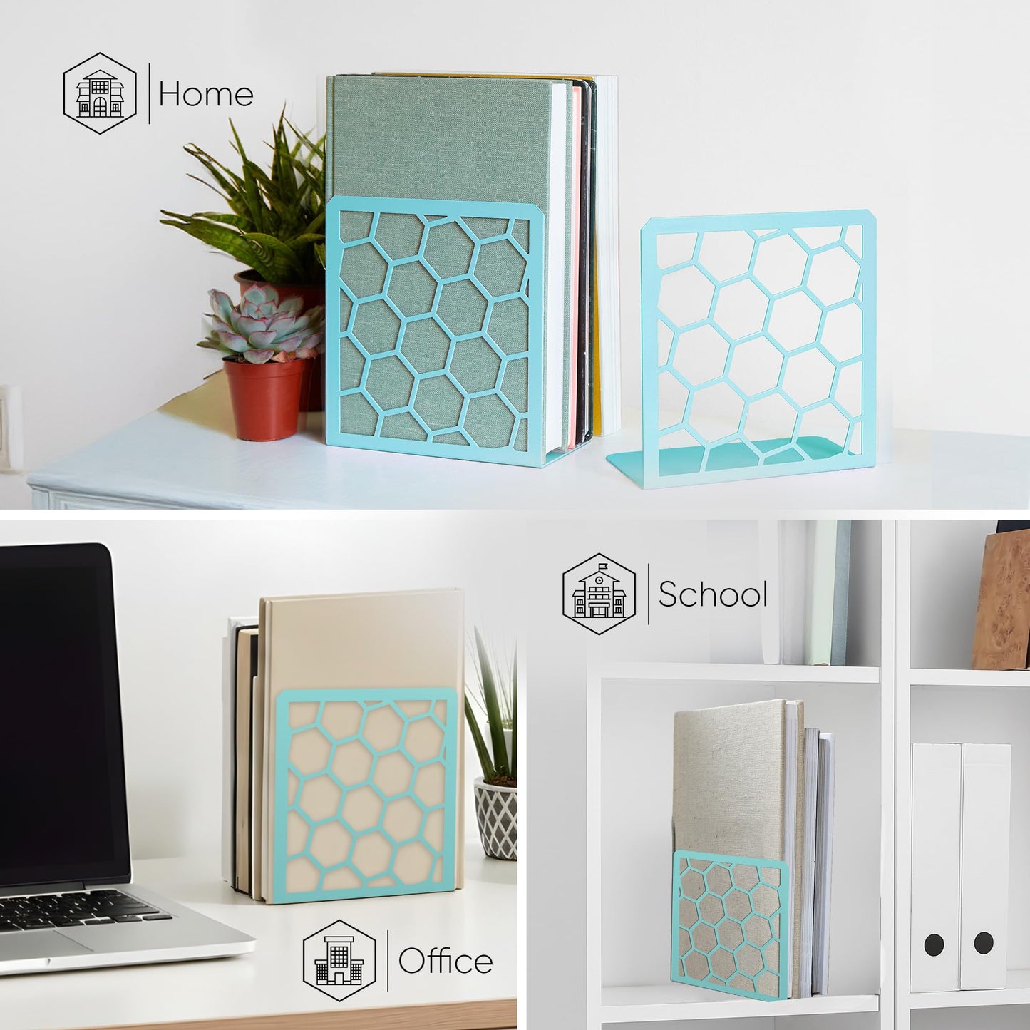 Turquoise Geometric Honeycomb Metal Bookends - Book Ends for Shelves - Decorative Modern Heavy Duty