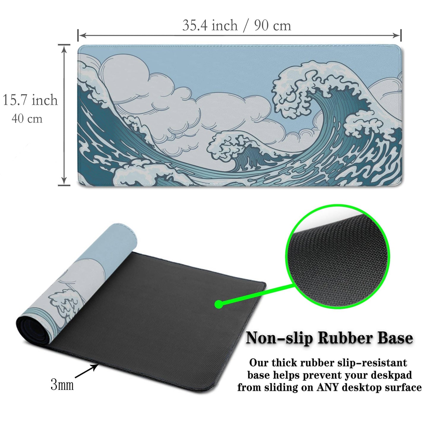 Samgula Big Mouse Pad Blue and White, Great Wave Desk Mouse Pads Office Desk Pads, Extra Large