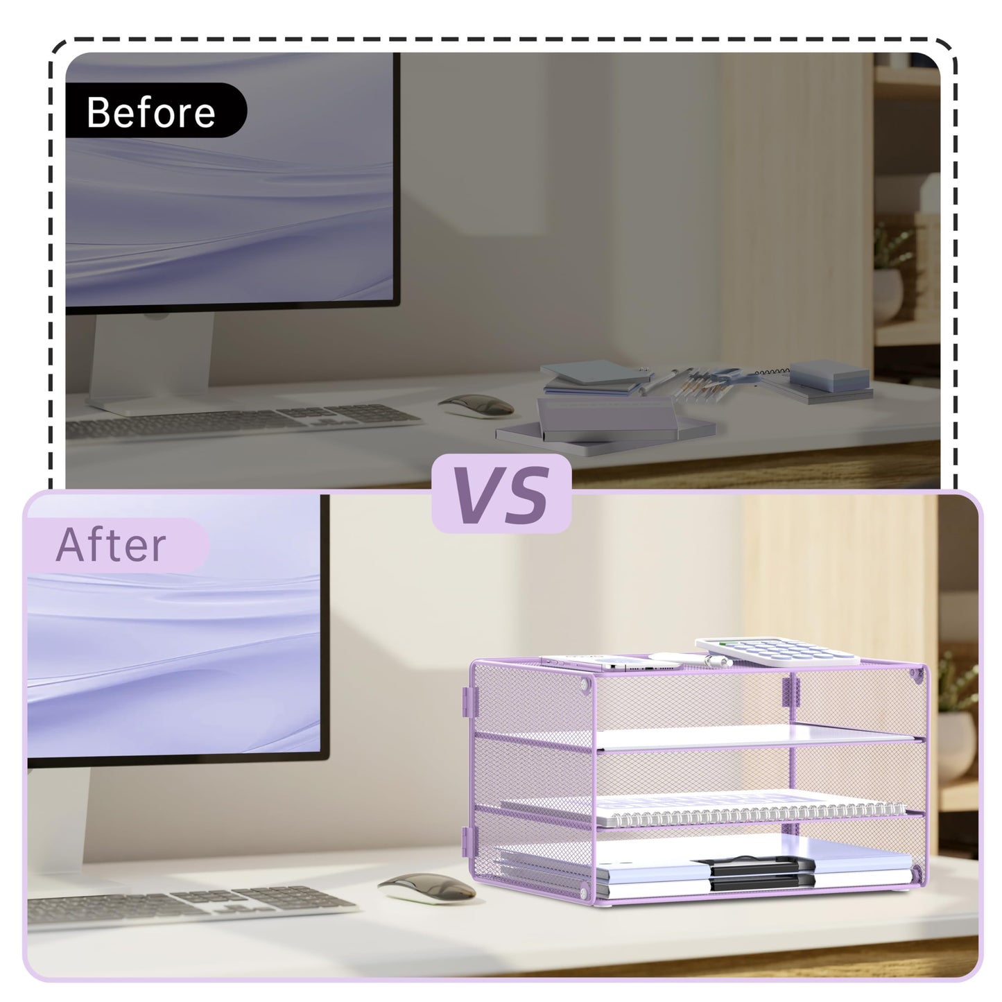 DALTACK 3 Tier Letter Tray Paper Organizer with Sliding Mesh Trays Purple
